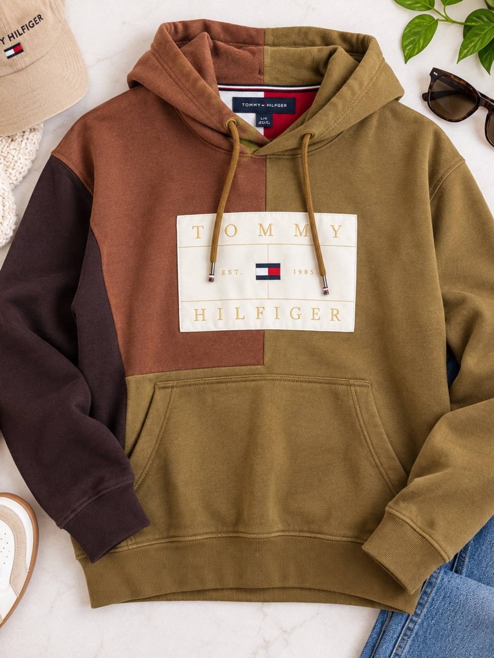 Tommy Hilfiger Men's Colorblock Olive, Brown & Dark Brown Hoodie